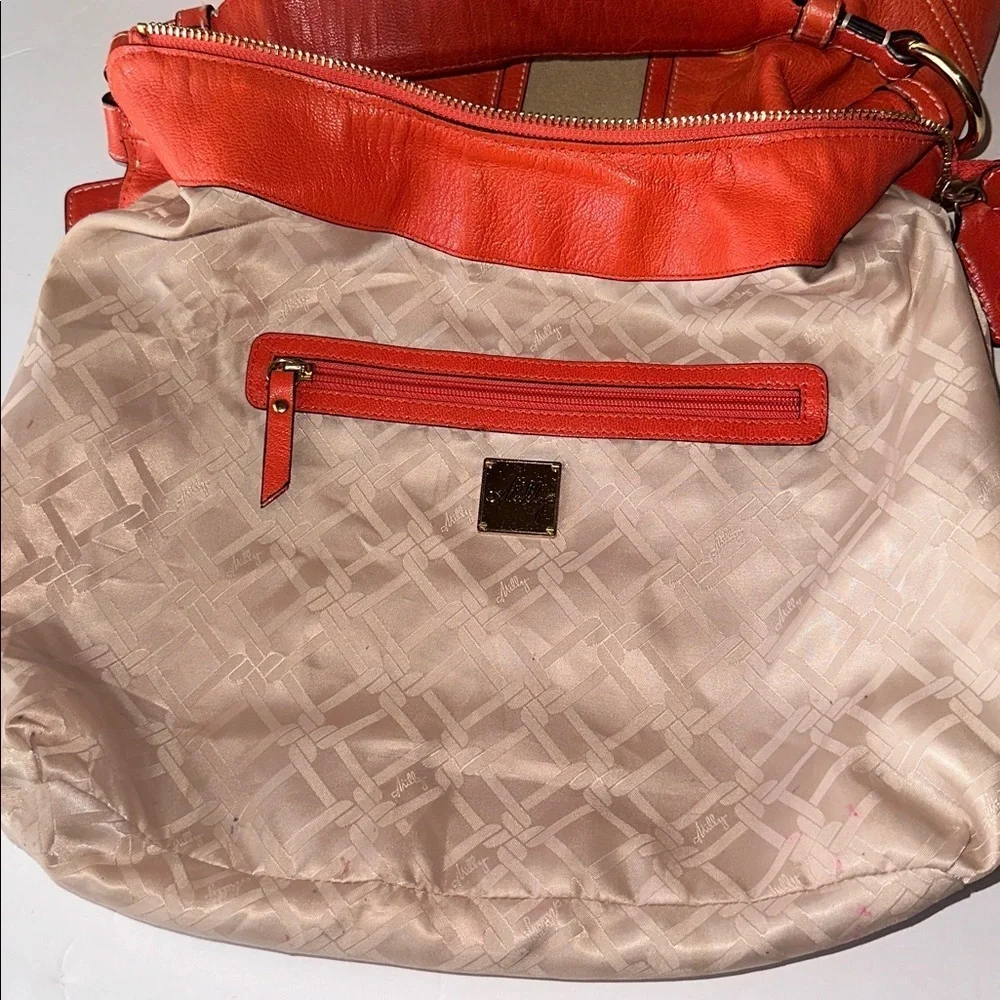 🔥 Milly Orange Coral Leather Carryall Hobo Shoulder Bag Gold Studs Suede Accent